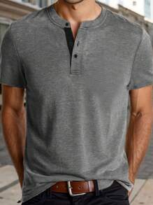 Men's Muscle Slim Henley Shirts Crewneck Longline T-Shirt Gym Workout Athletic Shirt Tees With Button - Light Grey - View 3