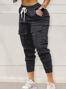 Women's Solid Color Drawstring Pocket Casual Pants, Suitable For All Seasons