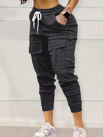 女士纯色抽绳口袋休闲裤，适合所有季节