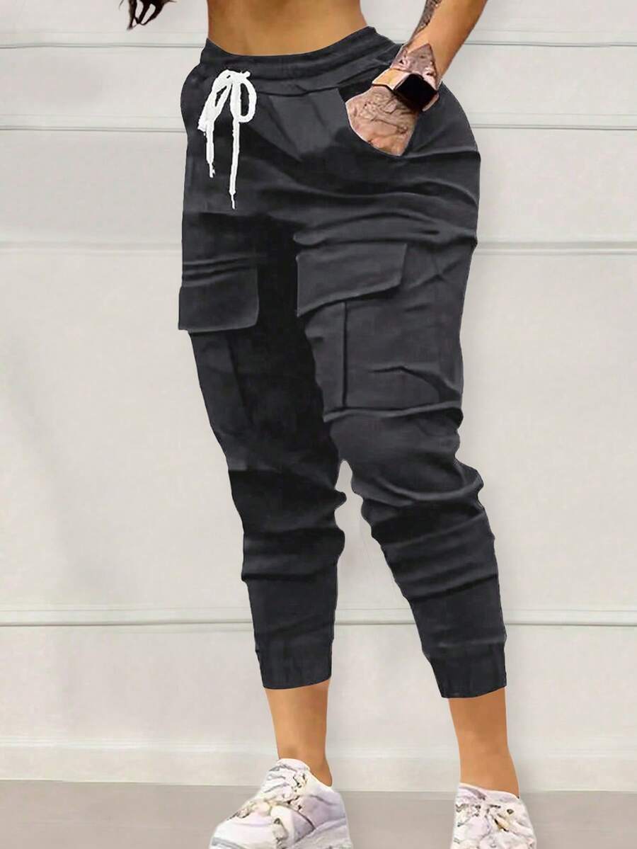 Women's Solid Color Drawstring Pocket Casual Pants, Suitable For All Seasons