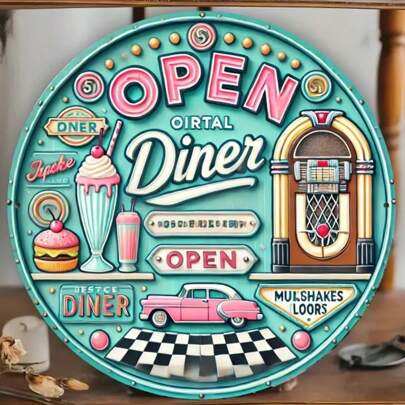 Cartel de metal redondo vintage de 19,81 x 19,81 cm con estilo de los años 50 en Estados Unidos, adecuado para decoración retro de paredes, arte de pared, decoración de habitaciones, decoración del hogar, decoración de restaurantes, bares, cafeterías, garajes, jardines, interior y exterior. Excelente para cumpleaños, aniversarios, San Valentín, Navidad, Acción de Gracias, Día de la Madre y Día del Padre. Clásico, decorativo, regalo, posiciones aleatorias de los agujeros.