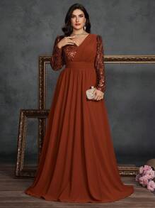 Plus Size Sequin Embellished Chiffon V-Neck Long Sleeve A-Line Formal Evening Gown, Party Dress, Wedding Guest Dress, Evening Dress - 鏽棕色 - 查看 2