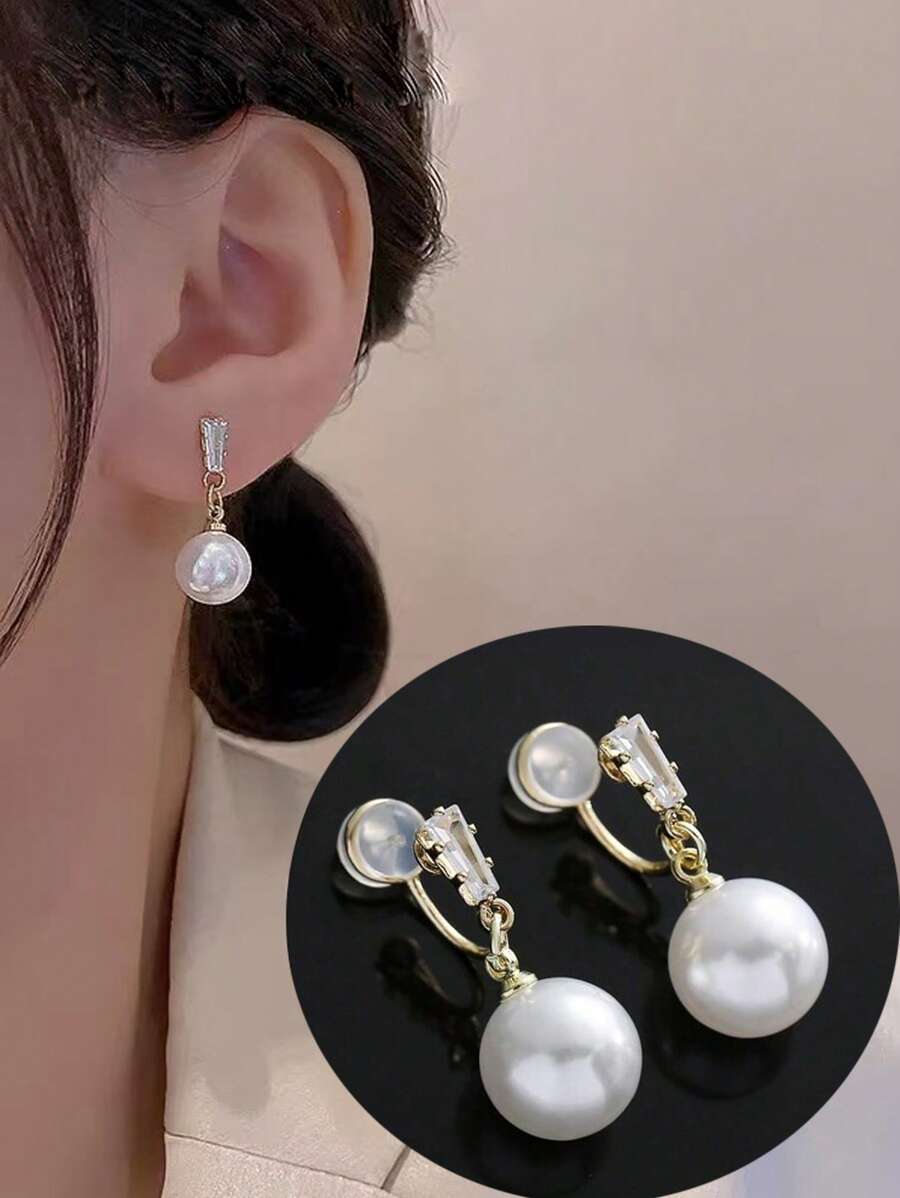 1pair Fashionable Cubic Zirconia Geometric Faux Pearl Clip-On Earrings For Women Without Pierced Ears, No Pain Earclip Ear Cuff Jewelry Suitable For Daily Wear