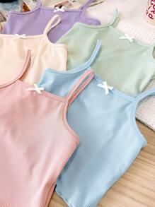 Chatreadl Young Girls 5-Piece Set Simple Casual Solid Color Ribbed Comfortable Breathable Bow Adolescent Camisole Suitable For All Seasons - Multicolor - View 3