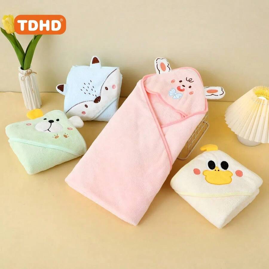 TDHD 1 Pc Children Solid Color Coral Velvet Embroidered Bath Towel, Soft, Skin-Friendly, Absorbent, Quick Drying, Easy To Clean Coral Velvet Bathrobe Suitable For Home Use - Multicolor - View 1