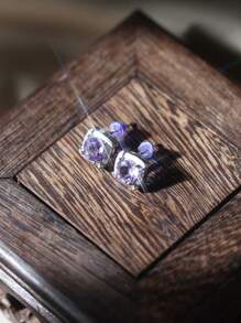 1 Pair 925 Sterling Silver Purple Zirconia Stone Square Stud Earrings, Elegant Luxurious Amethyst Crystal Earrings, Sophisticated Daily Wear For Women - Purple - View 1