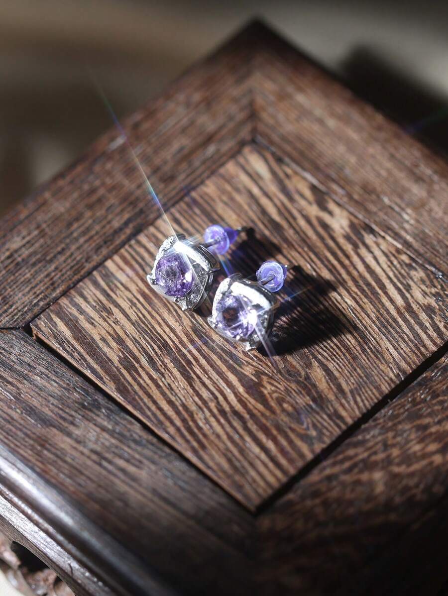 1 Pair 925 Sterling Silver Purple Zirconia Stone Square Stud Earrings, Elegant Luxurious Amethyst Crystal Earrings, Sophisticated Daily Wear For Women - Purple - View 1