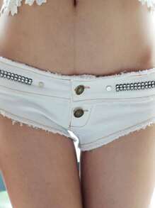 Womens Casual Summer Short Jeans, Triangle Crotch Low Waist With Buttons For Summer Party Beach - 白色 - 查看 6