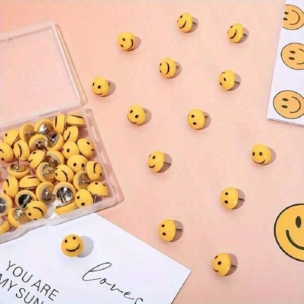 10pcs Bee Pushpins Push Pins With Happy Face Design, ABS Material, Decorative Flat Thumb Tacks For Cork Board, Photo Wall, Map, Home, School, Office With Storage Box,Back To School,School Supplies