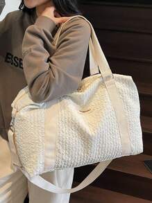 1 件超大容量可折叠轻便旅行包，涤纶拼色时尚优质旅行手提包化妆包洗漱包洗漱包化妆旅行包化妆品收纳海滩沙滩包度假必需品学校用品旅行必需品女士大学宿舍浴室手提箱过夜包健身包行李袋周末包行李袋手提包大学包行李袋周末包医院包防水包冬季返校用品 - 白色 - 查看 4