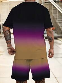 Plus Size Men's Casual Sports T-Shirt And Shorts Set, Ombre Print, Round Neck, Knit Fabric, Blended With Spandex, Slightly Stretchy, Regular Fit, 150gsm - Fashionable Summer Set, Comfortable Wear - Multicolor - View 2