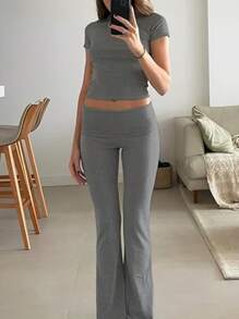 2pcs/Set Casual Solid Color Short Sleeve T-Shirt And Pants, Spring And Summer - Dark Grey - View 5