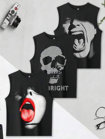 3 piezas Camisetas sin mangas casuales para hombres, camisetas interiores, ropa deportiva para verano, camisetas básicas de manga corta para fitness y casual - Estampados de moda callejera, diseño de sisa grande, estilo gótico punk, estampados de calavera y rostro gritando, top negro de estilo callejero personalizado
