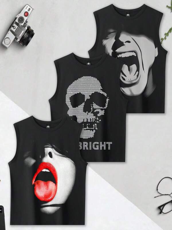 3pcs Men's Casual Tank Tops, T-Shirt Undershirts, Sports Wear For Summer, Basic Short Sleeves Fitness Casual T-Shirts - Street Fashion Prints, Large Armhole Design, Gothic Punk Style, Dark Skull & Scream Face Prints, Personalized Street Style Black Vest