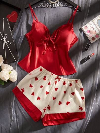 Conjunto de pijama sexy para mujer con top de tirantes con nudo delantero de unicolor y shorts con estampado de corazones, para Navidad