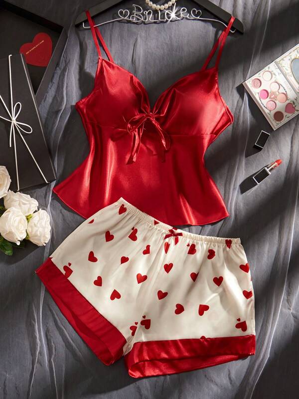Women's Solid Front Tie Camisole And Heart Print Shorts Sexy Pajama Set
