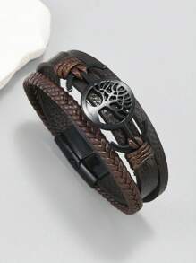 1pc Retro Style Black Tree Of Life Minimalist Leather Bracelet For Men - Tree Of Life - View 7