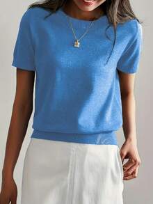 Áo thun mỏng tối giản mùa hè cho nữ, áo dệt kim tay ngắn, màu trơn - Màu xanh của chim công - Xem 3