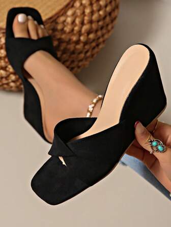 Women Flat Wedge Sandals, Plain Color Strap Wedge Slippers, Simple & Fashionable Women Slides