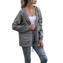 Women Water Resistant Hooded Jacket, Solid Color Zipper Open Front Drawstring Coat, L/ XL/ XXL - Dark Grey - View 3