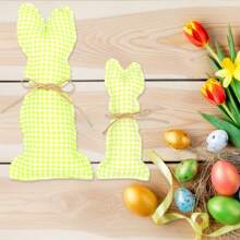 Decoraciones de mesa de Pascua, 2 piezas, lindas figuras de conejo de tela a cuadros/lunares, centros de mesa para decoración de fiestas en casa. - Verde - Ver 3