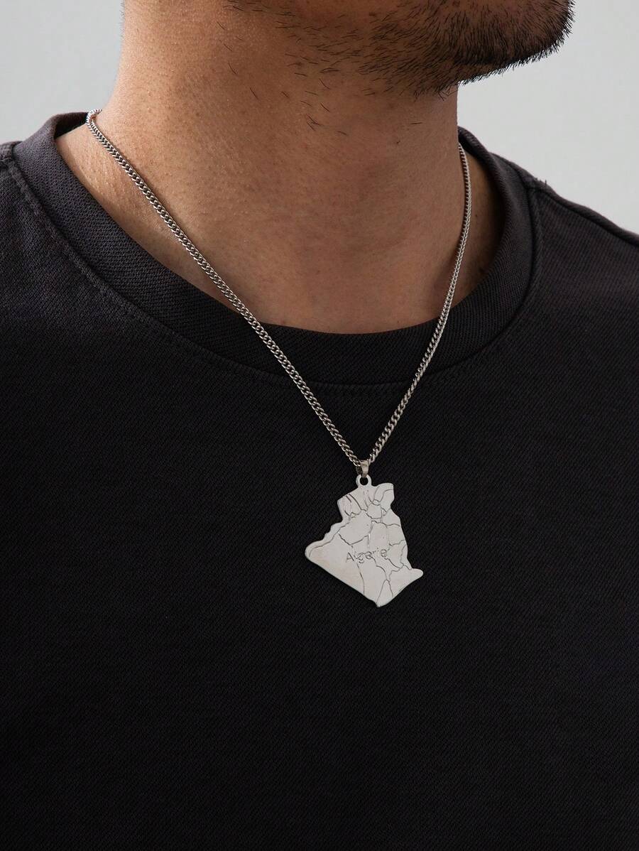1 Pc Men's Fashion Personalized Map Shaped Metal Pendant Necklace - Silver - View 1