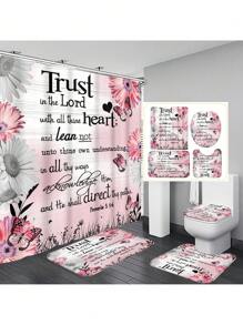 1pc/4pcs Floral & Bible Verse, Flower & Butterfly Print Multi-Function Bathroom Decor Set Incl. Waterproof Shower Curtain With 12 Hooks, Non-Slip Bath Mat, U-Shaped Toilet Mat & Round Toilet Lid Cover, Suitable For Entire Bathroom Back To School