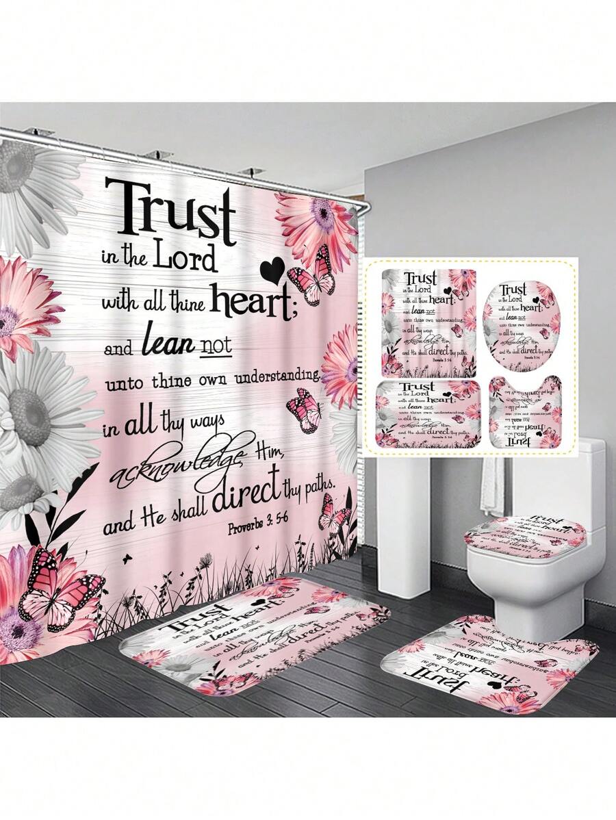 1pc/4pcs Floral & Bible Verse, Flower & Butterfly Print Multi-Function Bathroom Decor Set Incl. Waterproof Shower Curtain With 12 Hooks, Non-Slip Bath Mat, U-Shaped Toilet Mat & Round Toilet Lid Cover, Suitable For Entire Bathroom Back To School