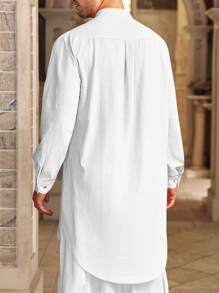 Mens Kaftan Thobe Cotton Linen Henley Shirt Long Sleeve Robe Casual Muslim Gown Kurta - 白色 - 查看 2