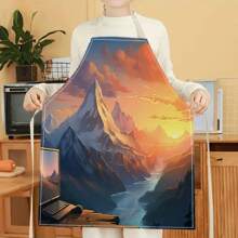 1pc Mountain Sunset Scenery 3D Pattern Linen Apron For Home Cooking, Kitchen Wear, And Cooking Enthusiasts - Multicolor - View 1