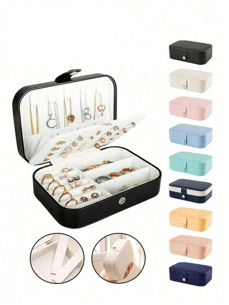 1pc PU Jewelry Storage Box, Portable Travel Jewelry Organizer, Vanity Storage Container, Multi-Compartment Travel Jewelry Display Box, Storage Gift Box, Display Box, Simple Flip Cover, Large Capacity, Suitable For Storing Rings, Necklaces, Earrings - Multicolor - View 1