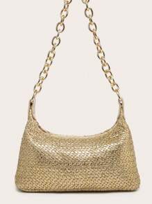 Women's Underarm Shoulder Bag, Square Metal Chain Bag, Large Capacity, Lightweight, Casual & Fashionable Beach Vacation Style, Suitable For Shopping And Vacation - Gold - View 2