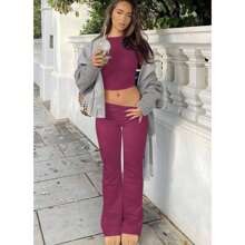 2pcs/Set Casual Solid Color Short Sleeve T-Shirt And Pants, Spring And Summer - Angola Red - View 5