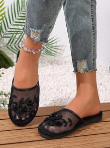 2025新款手工串珠细网眼一脚蹬拖鞋，适合室内外穿着