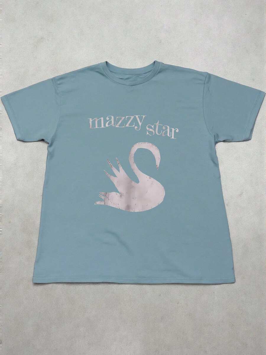 LOVE JOYY Mazzy Star 女士休闲圆领 T 恤,可爱天鹅卡通印花,乐队短袖 T 恤,复古 90 年代乐队 T 恤,适合所有季节 - 霧霾藍 - 查看 1