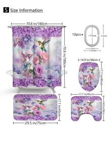 1 Pc/4 Pcs Hummingbird, Butterfly & Floral Pattern Multi-Functional Waterproof Bathroom Shower Curtain With 12 Hooks, Non-Slip Bath Mat, U-Shaped Toilet Mat & Round Toilet Lid Cover, Bathroom Set For Full Scene Use Back To School
