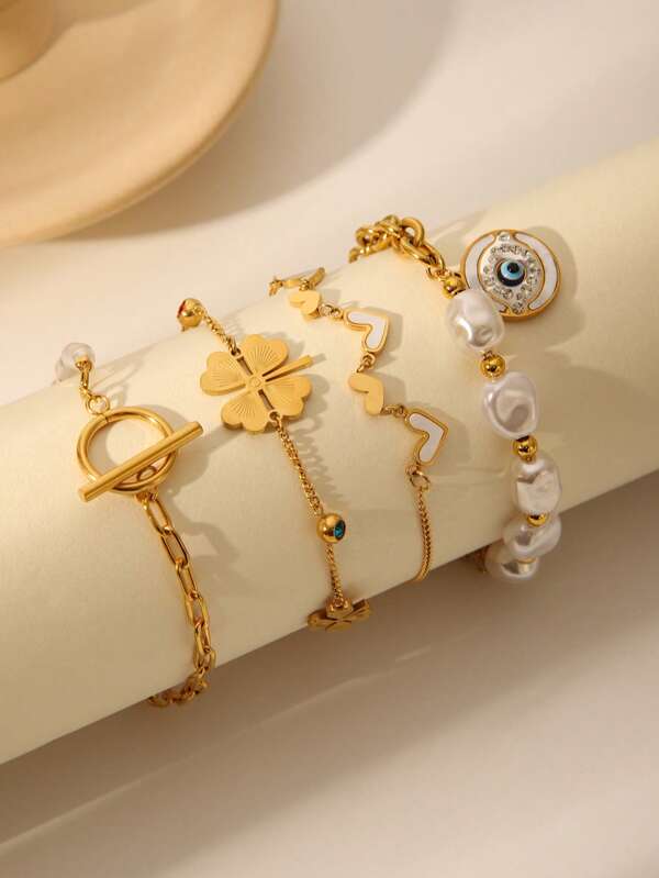 1pc Stainless Steel Plated Gold Clover, Heart, Devil's Eye, Pearl Inlaid Cubic Zirconia Bracelet, Fashionable Everyday Wear For Women