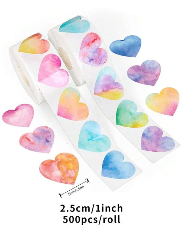 (500pcs/Roll) Watercolor Heart Shaped Sticker Roll, Rainbow Heart Shape Self-Adhesive Decorative Labels For Weddings, Birthdays, Parties, Envelopes, Scrapbooks, Stationery, Decorations