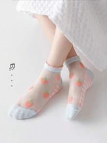 5 Pairs Girls Cartoon Pink Rabbit & Strawberry Mesh Mid-Calf Socks, Summer - Multicolor - View 3
