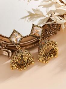 1 Pair Retro Boho Rhinestone Rhombus Earrings With Bells And Tassels, Court Style Jewelry Suitable For Women's Daily, Festival, Wedding And Party Wear/Jewelry Gift - Multicolor - View 5