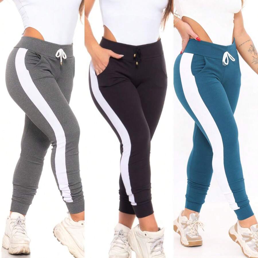 Kit 3 Crepe Knit Trousers With Belt - Gray Black Blue - View 1