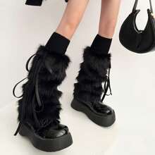 Women's Faux Fur Leg Warmers Ribbed Top Leg Warmers Boot Covers Carnival Costume Accessory - Black - View 2