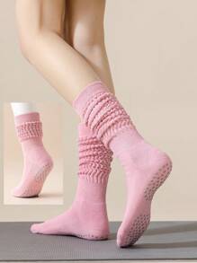 1 par de calcetines de yoga y pilates para mujer, antideslizantes y de terciopelo grueso, adecuados para deportes en interiores, fitness, running, apilables para pantorrilla, para gimnasio, otoño - Negro - Ver 21