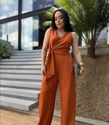 Long Wrap Jumpsuit With V-Neckline - Terracotta - View 3