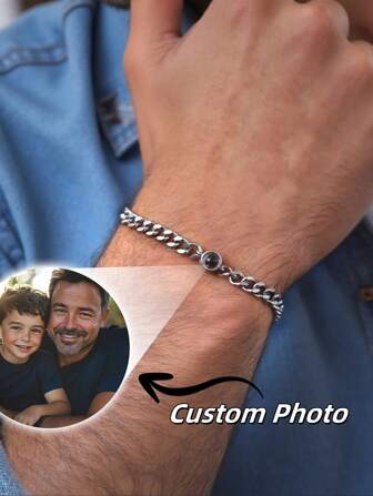 Customized Couple Projection Bracelet, Stainless Steel Cuban Link Projection Photo Bracelet, Personalized Men's Projection Bracelet, Unisex Couple Bracelet, Custom Couple Colorful Photo Projection Jewelry, Memorial Photo Bracelet, Gift For Boyfriend, Father's Day Custom Gift,New Year Glamour