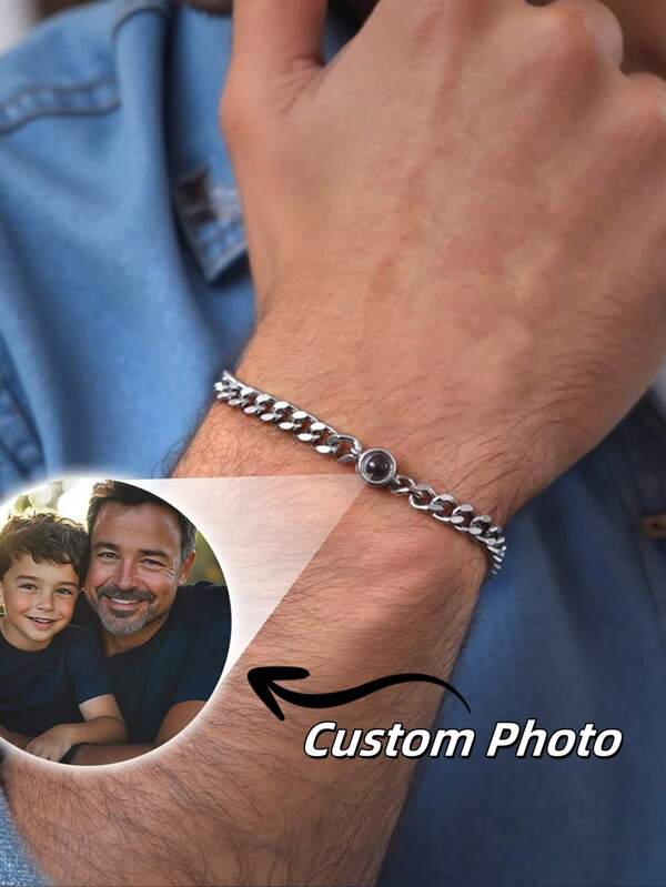 Brazalete de proyección de fotos personalizado para parejas, brazalete de cadena de de acero inoxidable para proyección fotográfica, pulsera de proyección personalizada para hombres, joyería de foto de pareja unisex, regalo para novio, Día del Padre, plata, estilo, colorido, vintage, simple, unicolor, casual, lindo, personalizado, personalizada, único, regalos ideales para él, ideal para regalos, novios, familia, amigos, novia, pareja, para la escuela secundaria, secundaria y preparatoria, estudiantes, escuela, universidad, campus, preparatoria y universidad