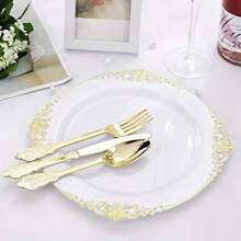 175pcs Black And Gold Plastic Plates - Black Gold Disposable Plates Include 25 Dinner Plates,25pcsDessert Plates,25 Knives,25 Forks,25 Spoons,25 Cup,25 Napkins For Wedding & Party - 白色 - 查看 3