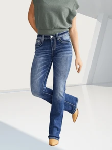 Women's Jeans Feather Flower Embroidery Mid Rise Stretchy Bootcut Slim Wide Leg Pants  Bootcut Jeans For Women Embroidered Mid Rise Curvy Jeans Stretchy Tummy Control Flare Denim Pants With Pockets - Blue - View 2