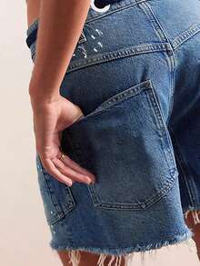 Fashion High Street Youth Vitality Rebellious Loose Straight Version Drape Slim Hot Girl Old Retro High Waist Detachable Waist Strap Design Blue Washed Denim Shorts - Blue - View 4