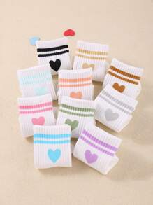 10双装白色儿童袜子，心形双条纹图案，男女通用透气短袜，日常基本款 - 彩色 - 查看 2